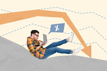 Creative photo illustration collage of impressed shocked businessman trader falling market...