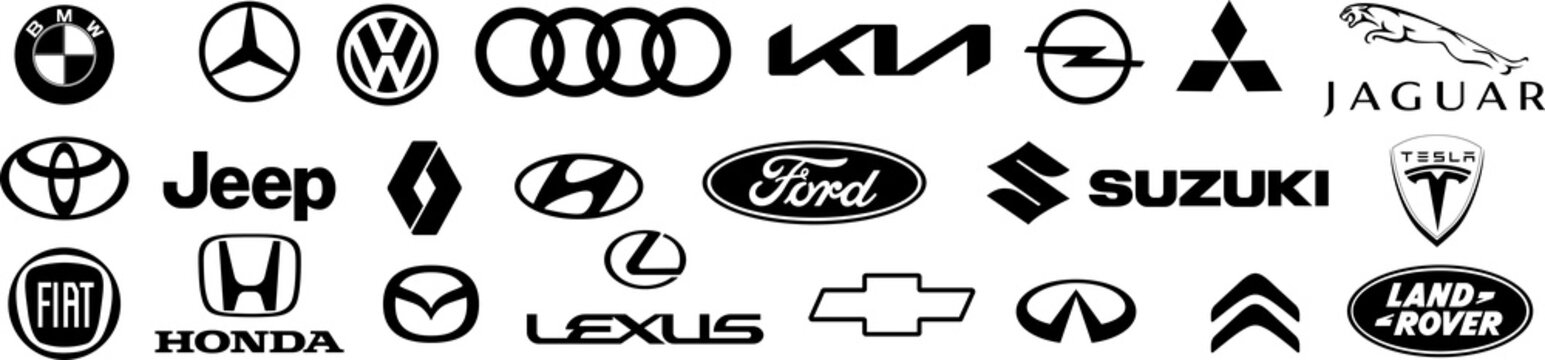 Logo of cars brand. Set logos popular brands cars. BMW, Mercedes-Benz, Audi, Volkswagen, Mitsubishi, Lexus, Honda, Jeep, Ford... Black automobile logos on transparent background PNG