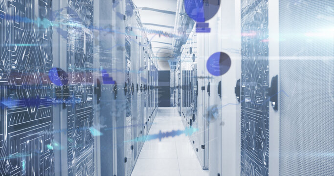 Image of mathematical equations and data processing against computer server room