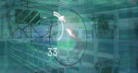 Image of digital interface and data processing on blue background