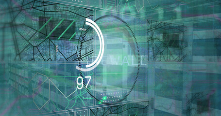 Image of digital interface and data processing on blue background