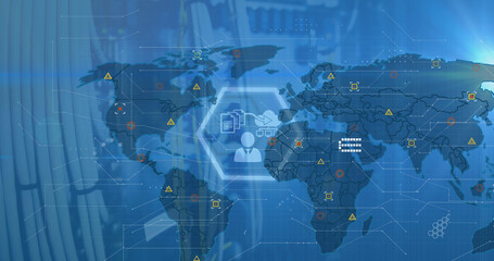 Image of digital interface and data processing over world map on blue background
