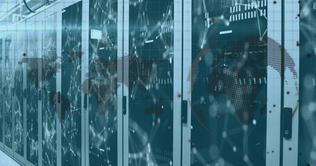 Image of data processing with spinning globe and world map over transparent background