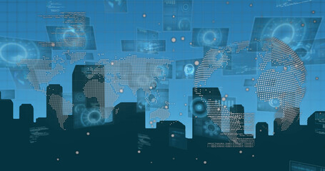 Image of digital interface and data processing over cityscape on blue background