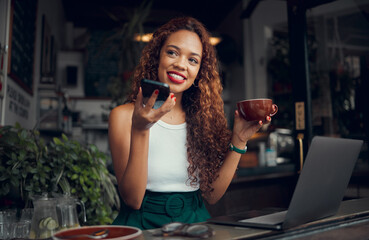 Microphone, phone, and woman at cafe using voice recognition, recording and loudspeaker for an...