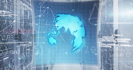 Image of mathematical equations and data processing over 6g text against server room