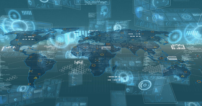 Image of digital interface and data processing over world map on blue background