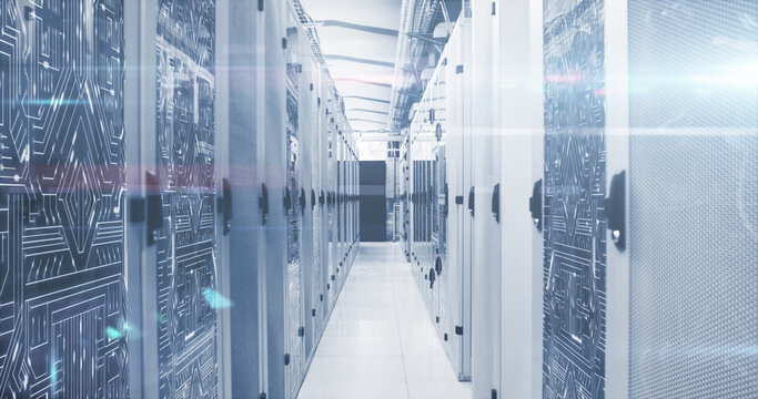 Image of mathematical equations and data processing over 6g text against server room