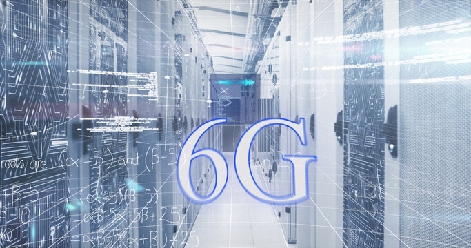 Image of mathematical equations and data processing over 6g text against server room