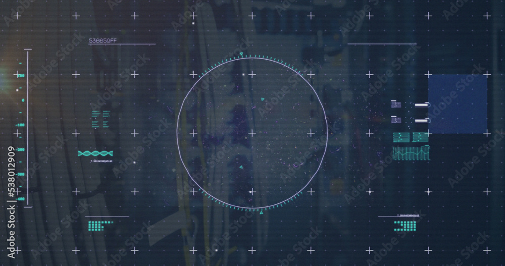 Poster image of scope scanning with icons and data processing over server room
