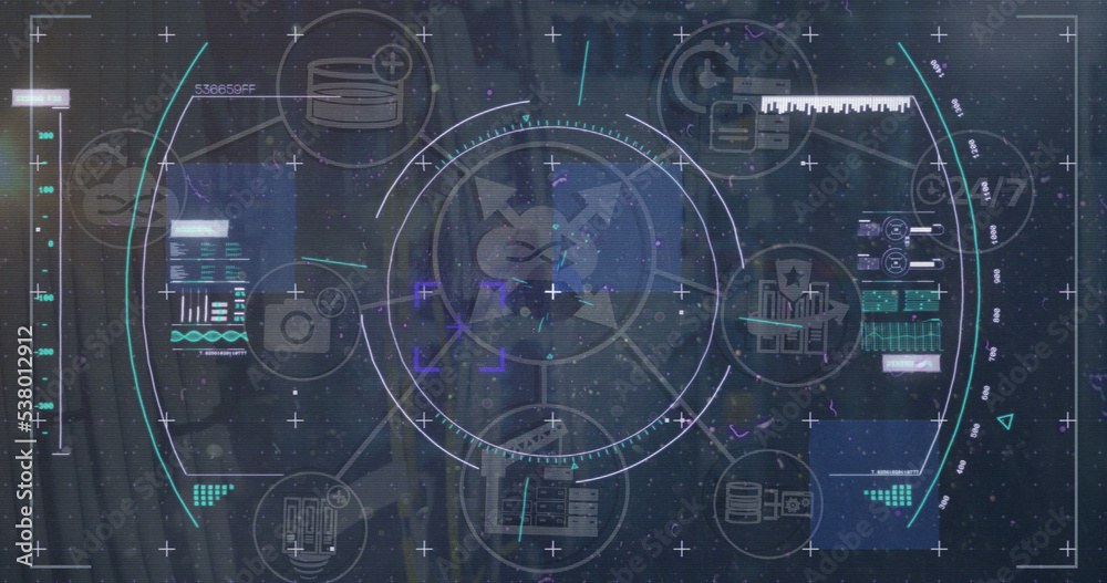 Poster image of scope scanning with icons and data processing over server room