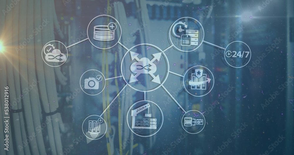 Canvas Prints Image of scope scanning with icons and data processing over server room