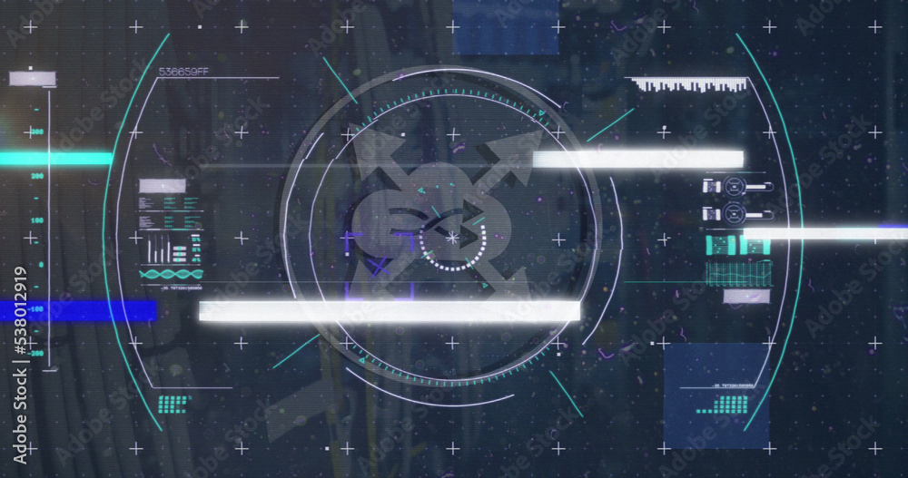Poster image of scope scanning with icons and data processing over server room