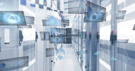 Image of mathematical equations and data processing against computer server room