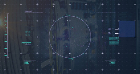 Image of scope scanning with icons and data processing over server room