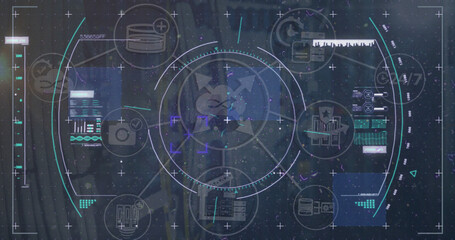 Image of scope scanning with icons and data processing over server room