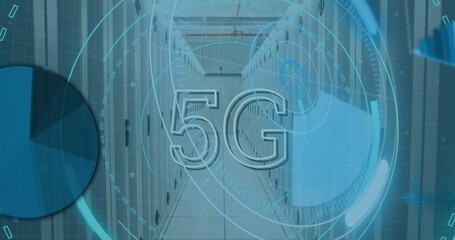 Image of 5g text over round scanner and data processing against computer server room