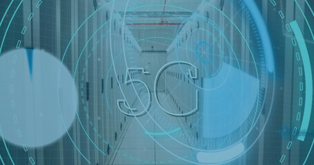 Image of 5g text over round scanner and data processing against computer server room
