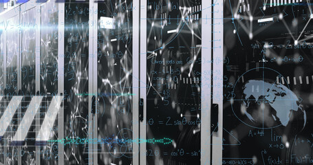 Image of mathematical equations and data processing against computer server room