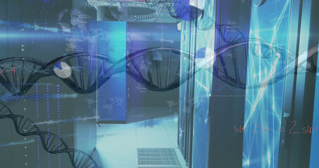 Image of dna strand and data processing over server room