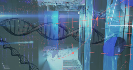 Image of dna strand and data processing over server room