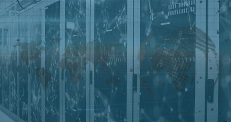 Image of mathematical equations and data processing over server room