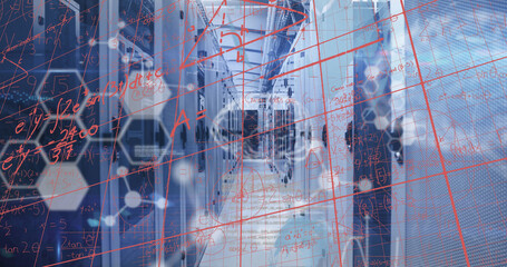 Image of mathematical equations and data processing over server room