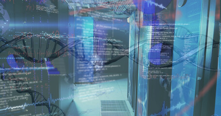 Fototapeta na wymiar Image of dna strand and data processing over server room