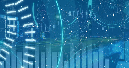 Image of scope scanning with 5g text and data processing over cityscape