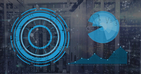 Image of mathematical equations and data processing over server room