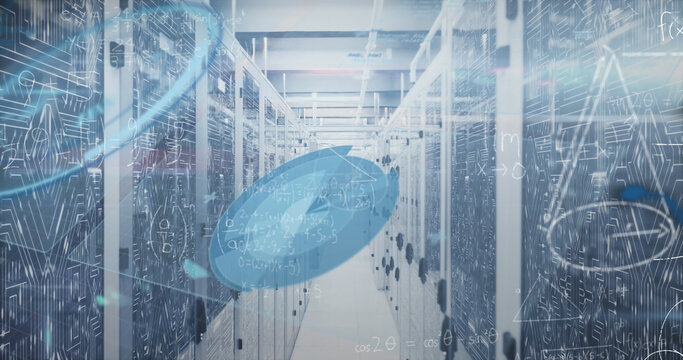 Image of mathematical equations and data processing against computer server room