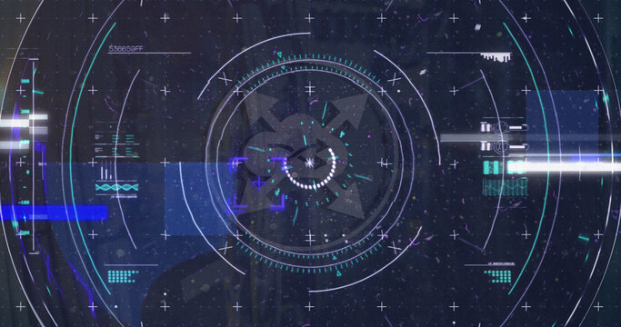 Image of scope scanning with icons and data processing over server room