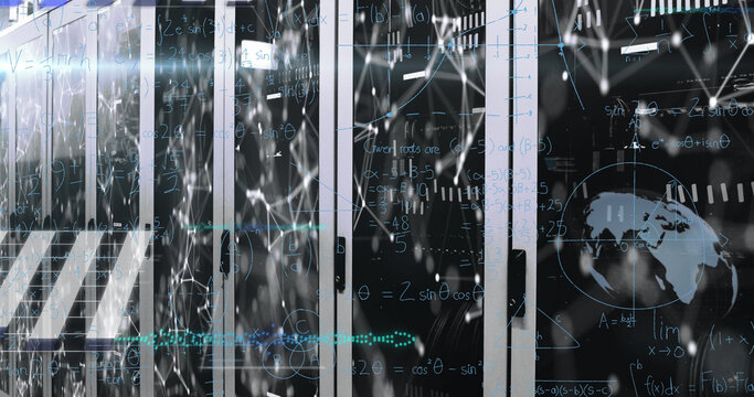 Image of mathematical equations and data processing against computer server room - Powered by Adobe