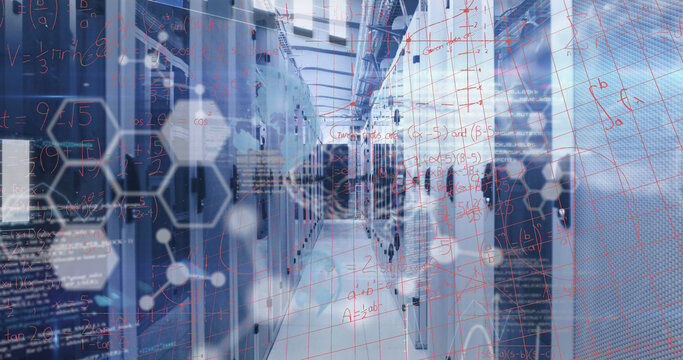 Image of mathematical equations and data processing over server room