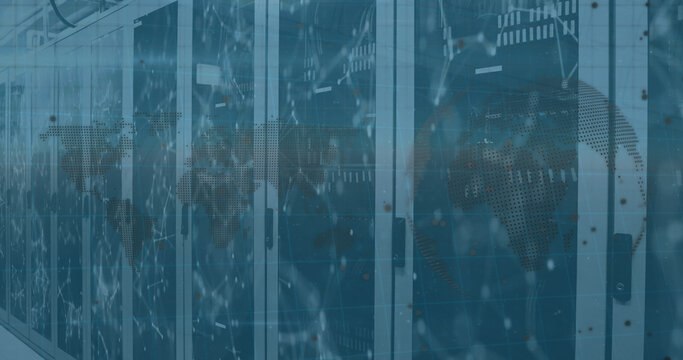 Image of mathematical equations and data processing over server room