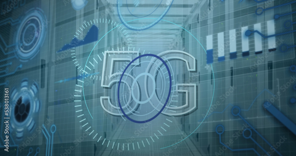 Poster image of scope scanning with 5g text and data processing over server room