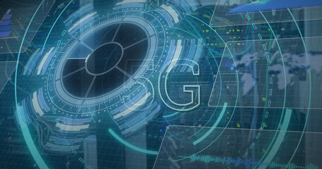 Image of scope scanning with 5g text and data processing over server room