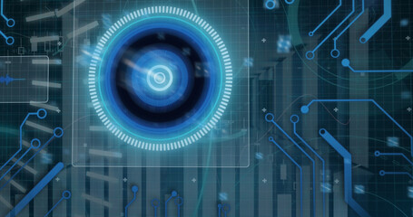 Image of scope scanning with 5g text and data processing over server room