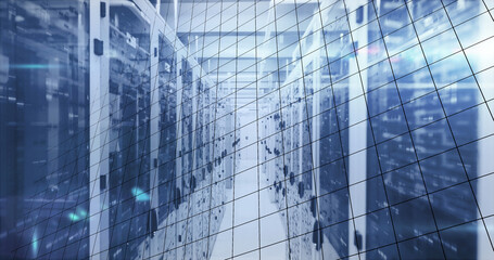 Obraz na płótnie Canvas Image of mathematical equations and data processing over server room