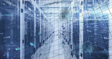 Image of mathematical equations and data processing over server room