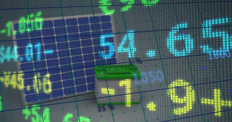 Image of colorful geometrical shapes and with data processing over dark background