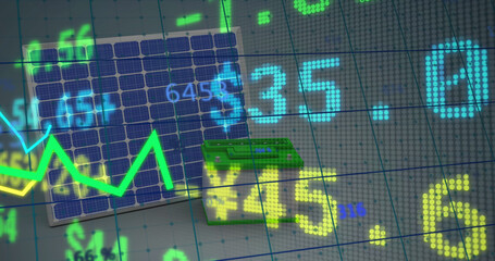 Image of colorful geometrical shapes and with data processing over dark background