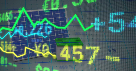 Image of colorful geometrical shapes and with data processing over dark background