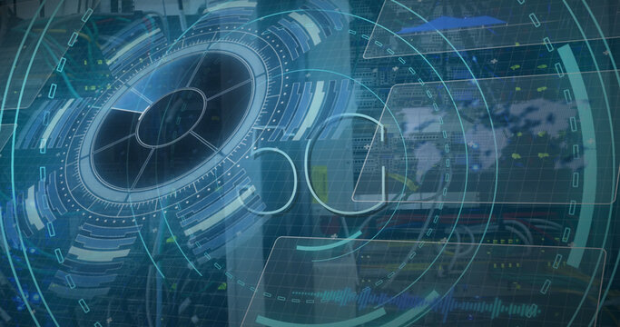 Image of scope scanning with 5g text and data processing over server room