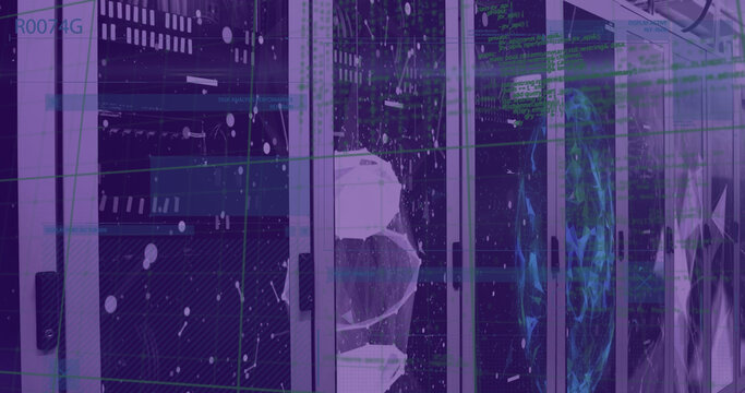 Image of sale text with network of connections and data processing over server room