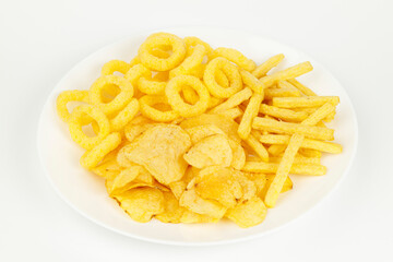 White plate with corn snacks for beer.