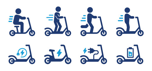 Man riding electric scooter icon set. Collection of e-scooter icon. Vector illustration. © Icons-Studio