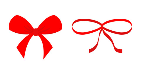 Big red ribbon Christmas bow icon set. Decoration element for giftbox present. Satin ribbons. White background. Isolated. Flat design.