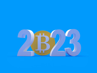 Silver number 2023 with bitcoin on a blue background. 3D illustration