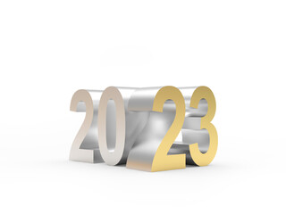 Silver and golden number 2023 isolated on white background. 3D illustration